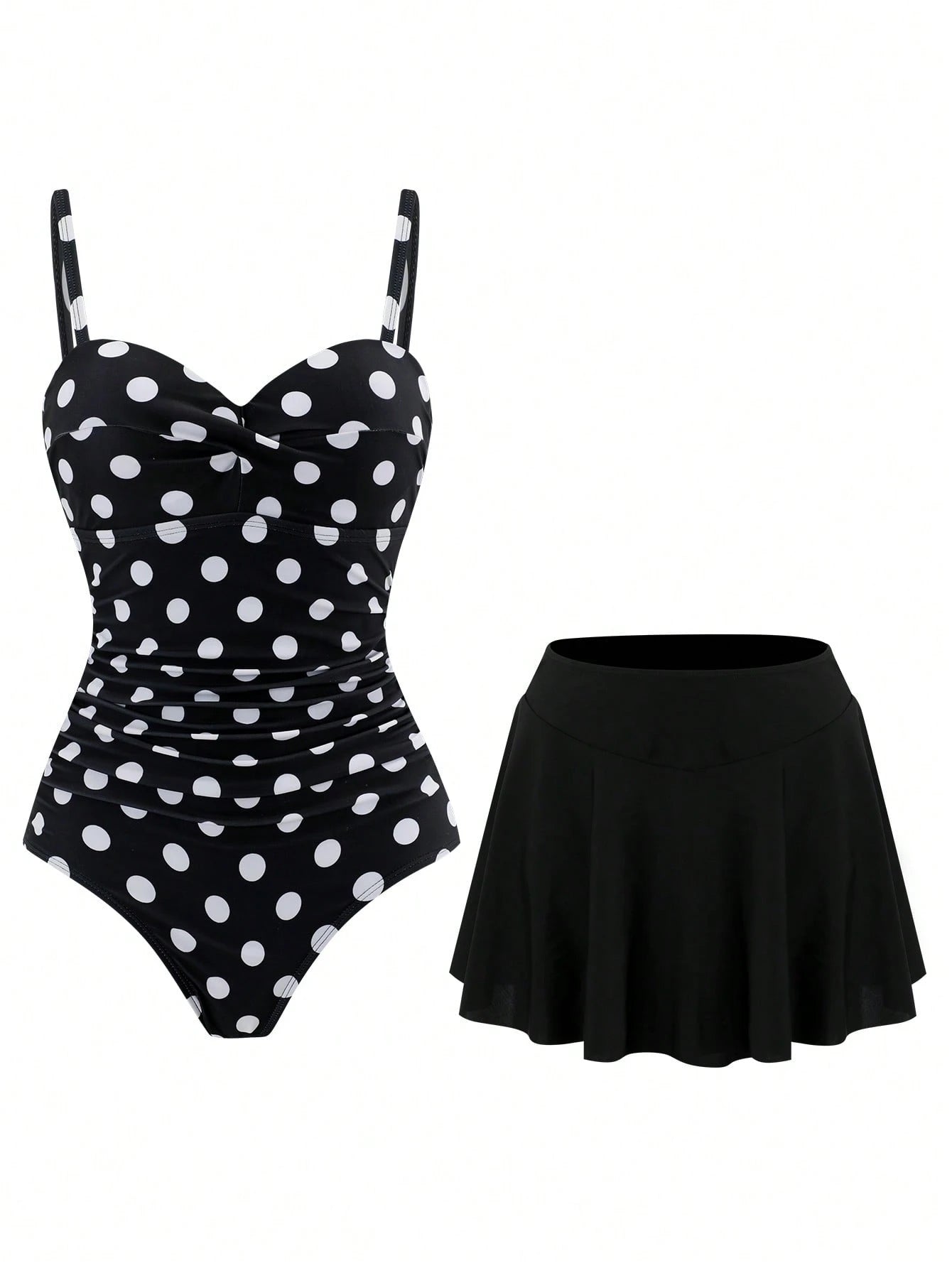 Swim Oasis 2026 New Plus Size Black & White Polka Dot Ruched Waist One-Piece Swimsuit Set With High Waist Skirt, Casual Elegant Flattering Slimming Beach Vacation Women's Swimwear