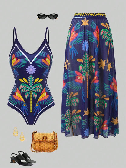 Swim Oasis 2026 Summer Plus Size Women's Fashionable Sexy Deep V-Neck Tropical Bird Digital Print One-Piece Swimsuit + Wrap Skirt Beach Set