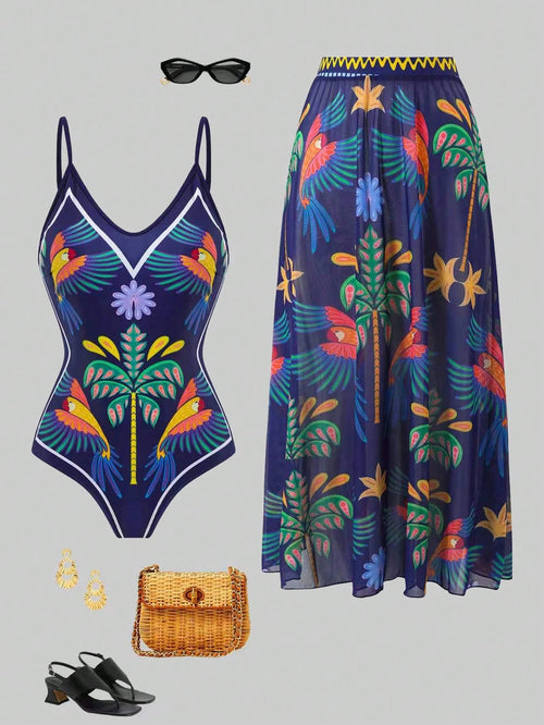 Swim Oasis 2026 Summer Plus Size Women's Fashionable Sexy Deep V-Neck Tropical Bird Digital Print One-Piece Swimsuit + Wrap Skirt Beach Set