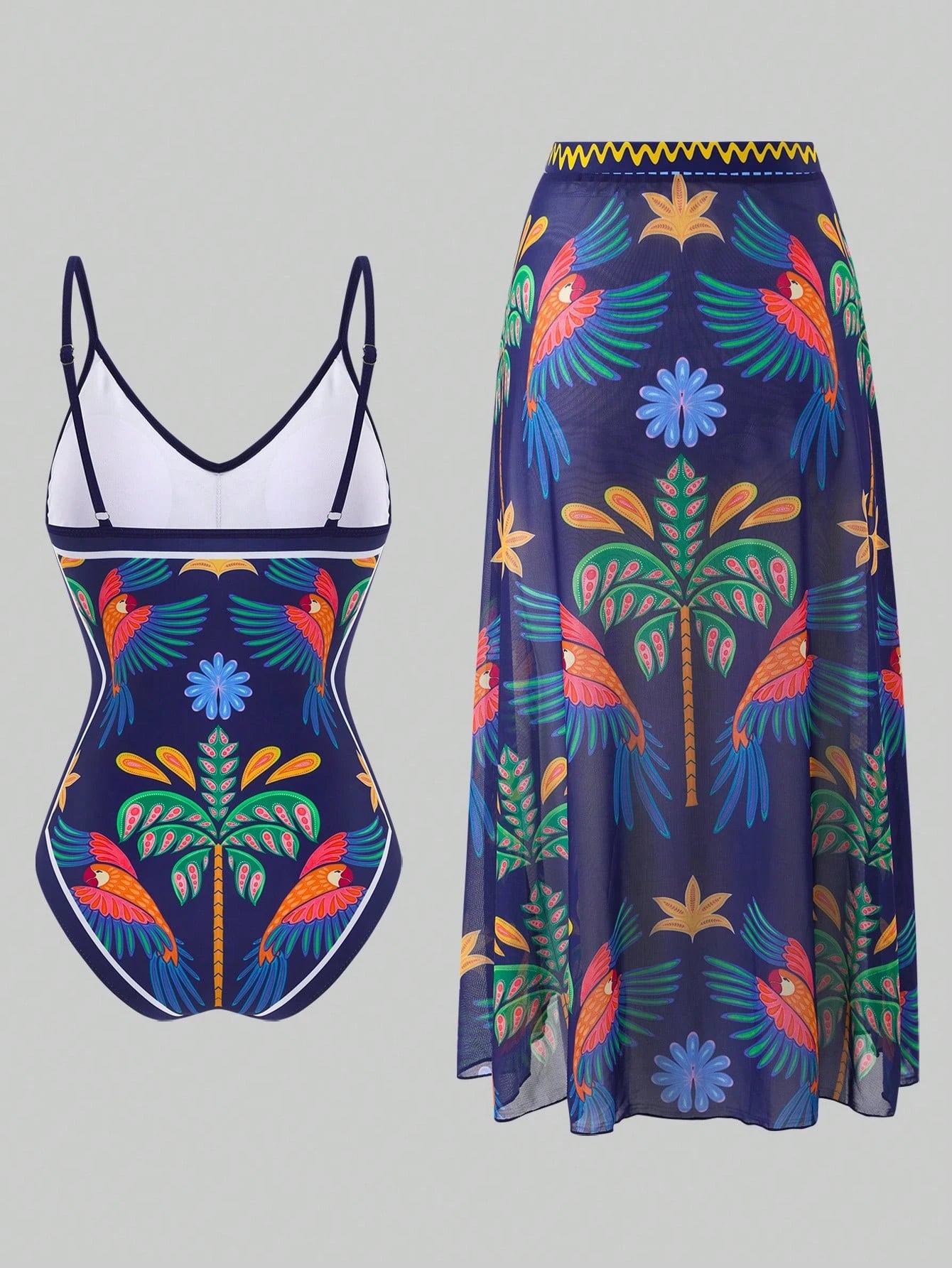 Swim Oasis 2026 Summer Plus Size Women's Fashionable Sexy Deep V-Neck Tropical Bird Digital Print One-Piece Swimsuit + Wrap Skirt Beach Set