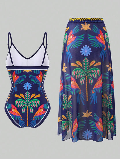 Swim Oasis 2026 Summer Plus Size Women's Fashionable Sexy Deep V-Neck Tropical Bird Digital Print One-Piece Swimsuit + Wrap Skirt Beach Set