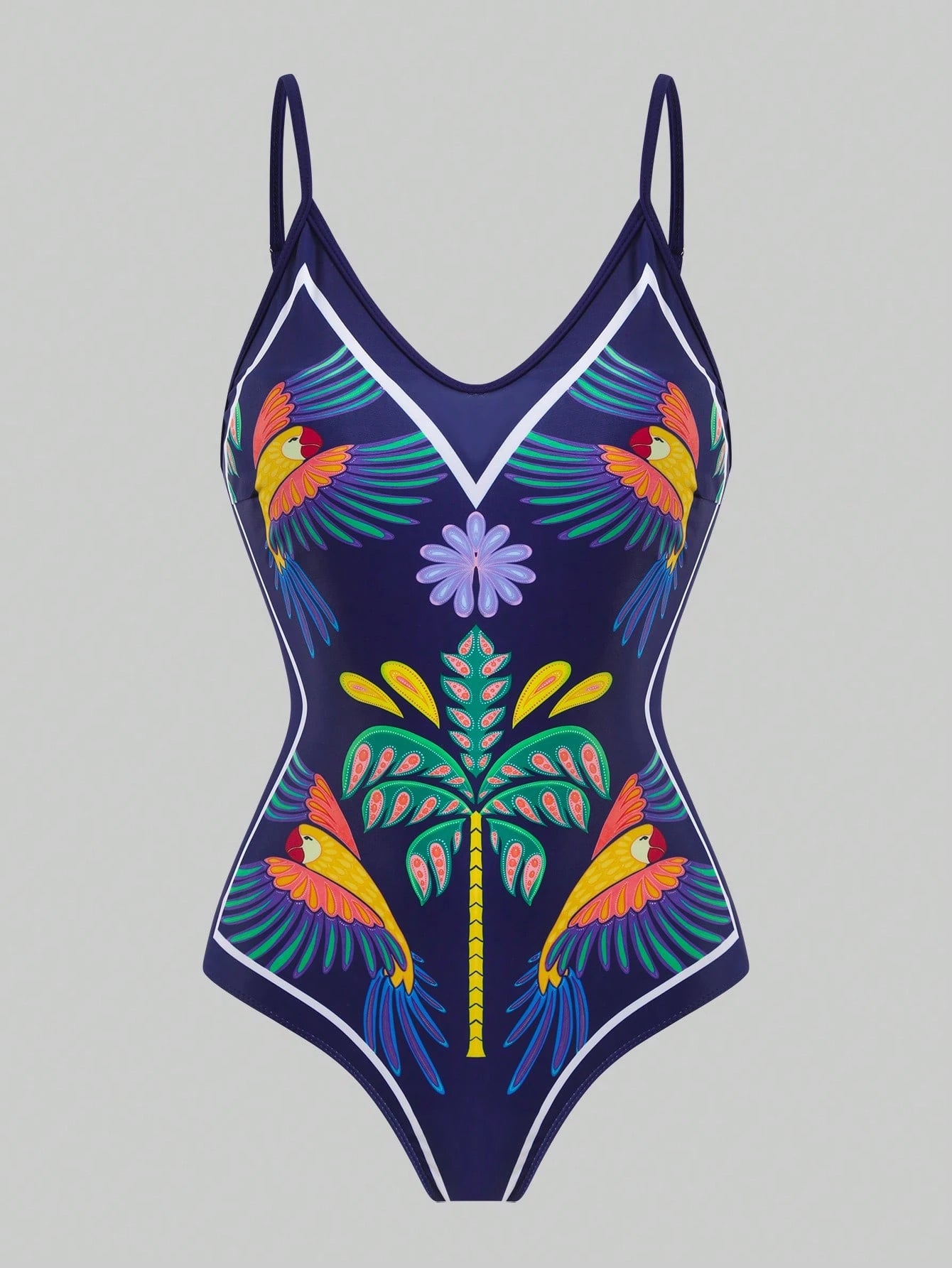 Swim Oasis 2026 Summer Plus Size Women's Fashionable Sexy Deep V-Neck Tropical Bird Digital Print One-Piece Swimsuit + Wrap Skirt Beach Set