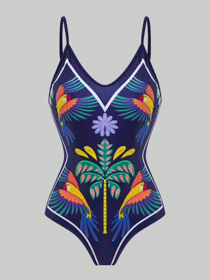 Swim Oasis 2026 Summer Plus Size Women's Fashionable Sexy Deep V-Neck Tropical Bird Digital Print One-Piece Swimsuit + Wrap Skirt Beach Set