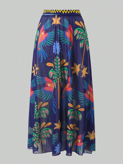 Swim Oasis 2026 Summer Plus Size Women's Fashionable Sexy Deep V-Neck Tropical Bird Digital Print One-Piece Swimsuit + Wrap Skirt Beach Set