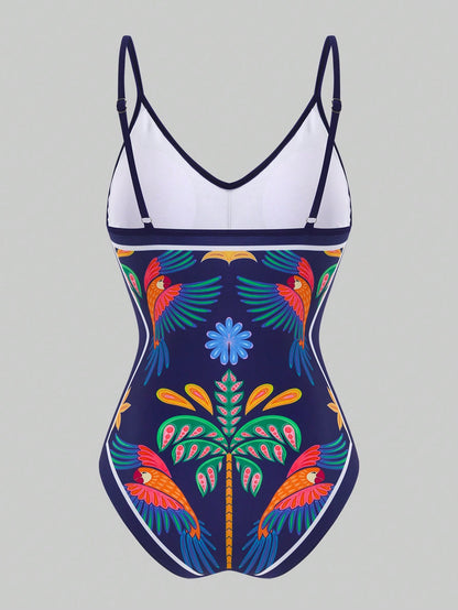Swim Oasis 2026 Summer Plus Size Women's Fashionable Sexy Deep V-Neck Tropical Bird Digital Print One-Piece Swimsuit + Wrap Skirt Beach Set