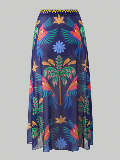 Swim Oasis 2026 Summer Plus Size Women's Fashionable Sexy Deep V-Neck Tropical Bird Digital Print One-Piece Swimsuit + Wrap Skirt Beach Set