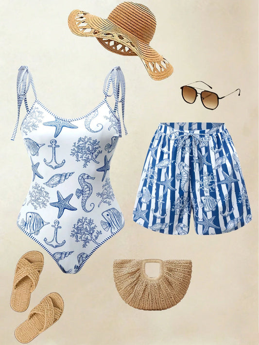 Swim Oasis 26SS Spring/Summer Vacation Fish BOHO Matching Shorts & One-Piece Swimsuit Set
