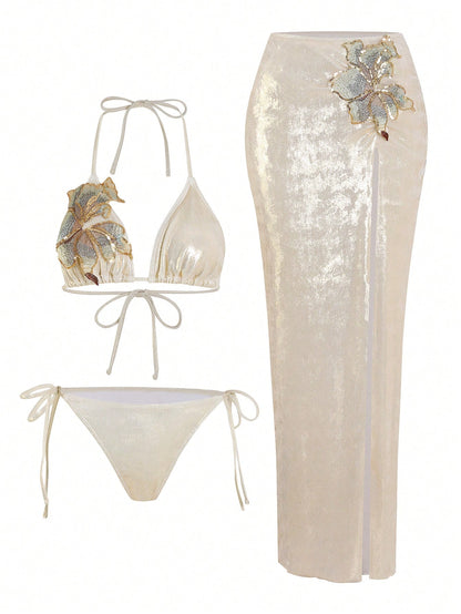 Swim Oasis 3pcs/Set Summer New High-End Shiny Fabric Sequin Embroidery Floral Triangle Bikini Push-Up Swimwear One-Piece Swimwear For Women