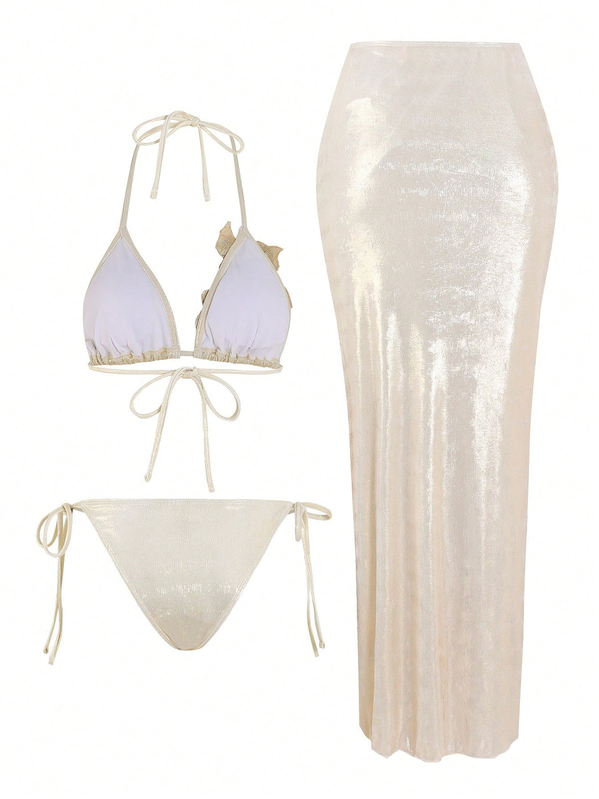 Swim Oasis 3pcs/Set Summer New High-End Shiny Fabric Sequin Embroidery Floral Triangle Bikini Push-Up Swimwear One-Piece Swimwear For Women