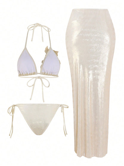 Swim Oasis 3pcs/Set Summer New High-End Shiny Fabric Sequin Embroidery Floral Triangle Bikini Push-Up Swimwear One-Piece Swimwear For Women