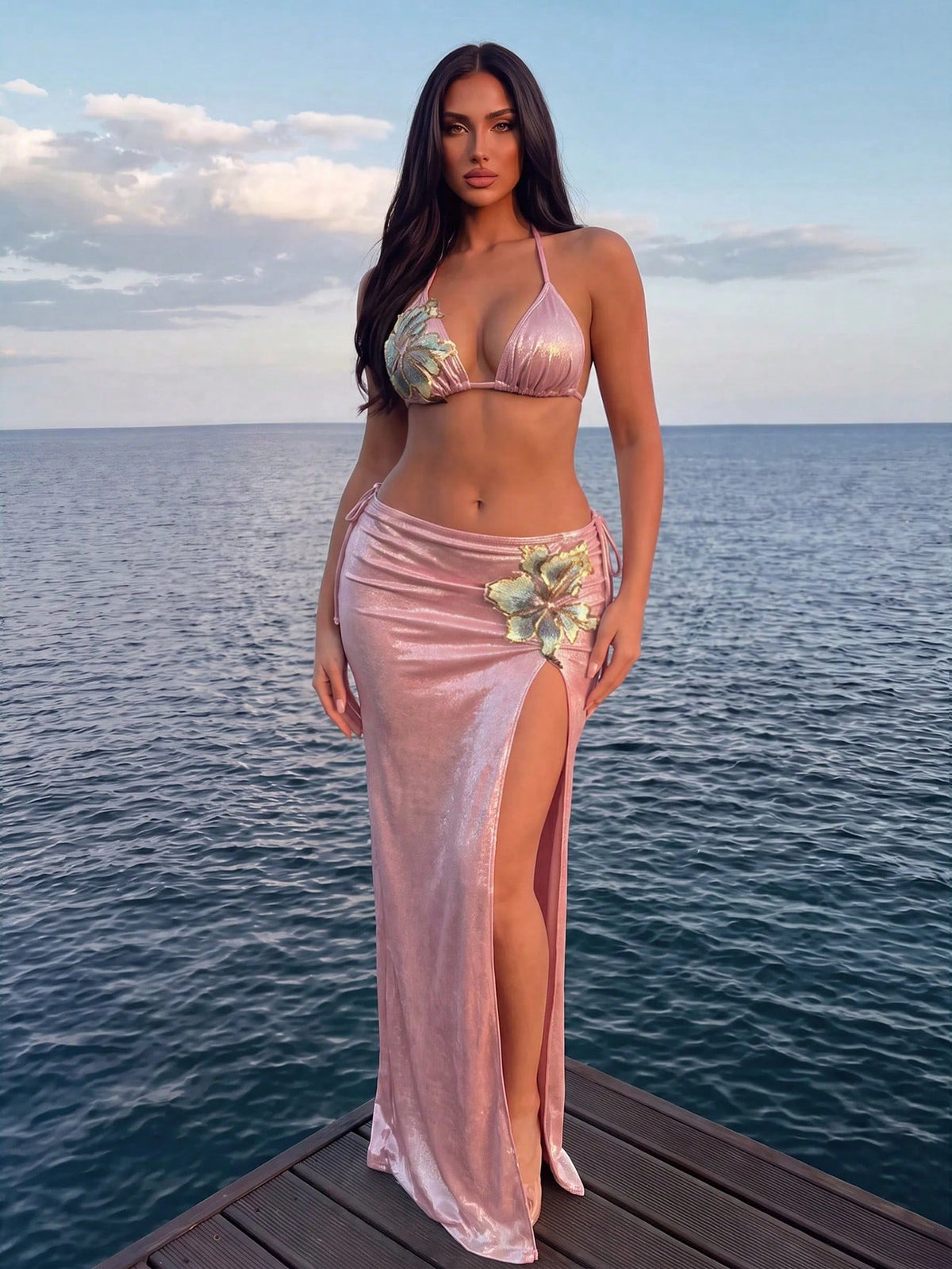 Swim Oasis 3pcs/Set Summer New High-End Shiny Fabric Sequin Embroidery Floral Triangle Bikini Push-Up Swimwear One-Piece Swimwear For Women