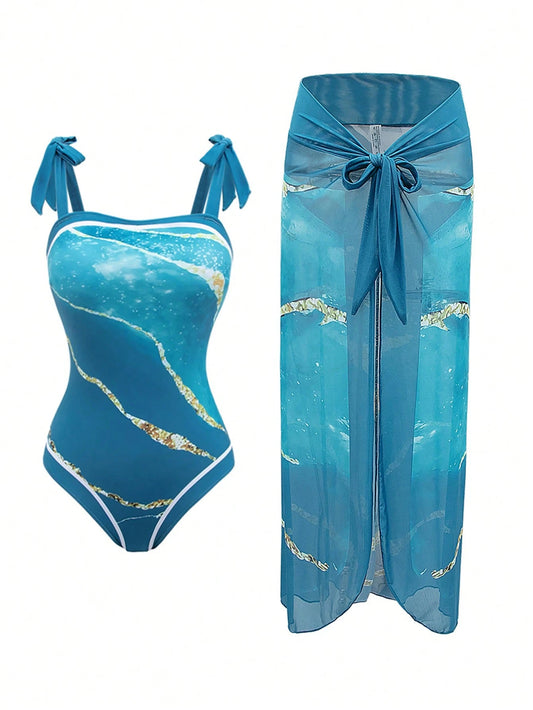 Swim Oasis Blue Textured Pattern Straps Sleeveless Swimsuit With Contrast Binding And Midi Skirt Set