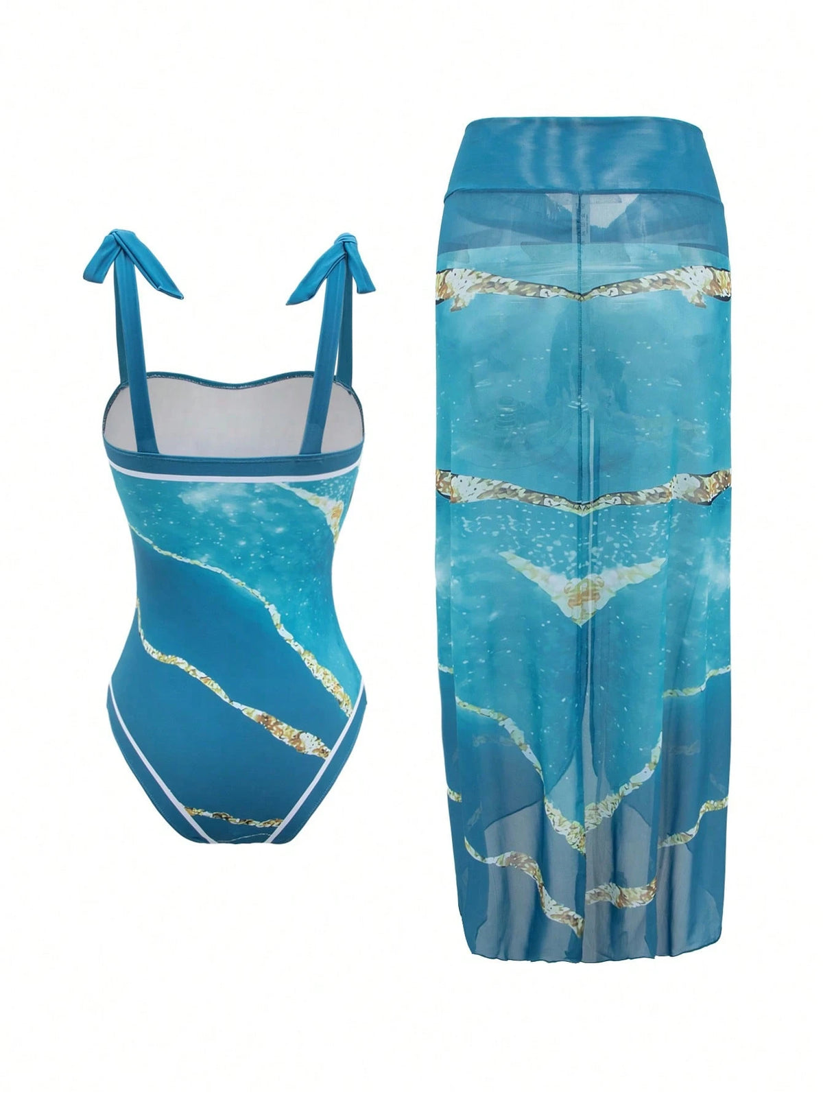 Swim Oasis Blue Textured Pattern Straps Sleeveless Swimsuit With Contrast Binding And Midi Skirt Set