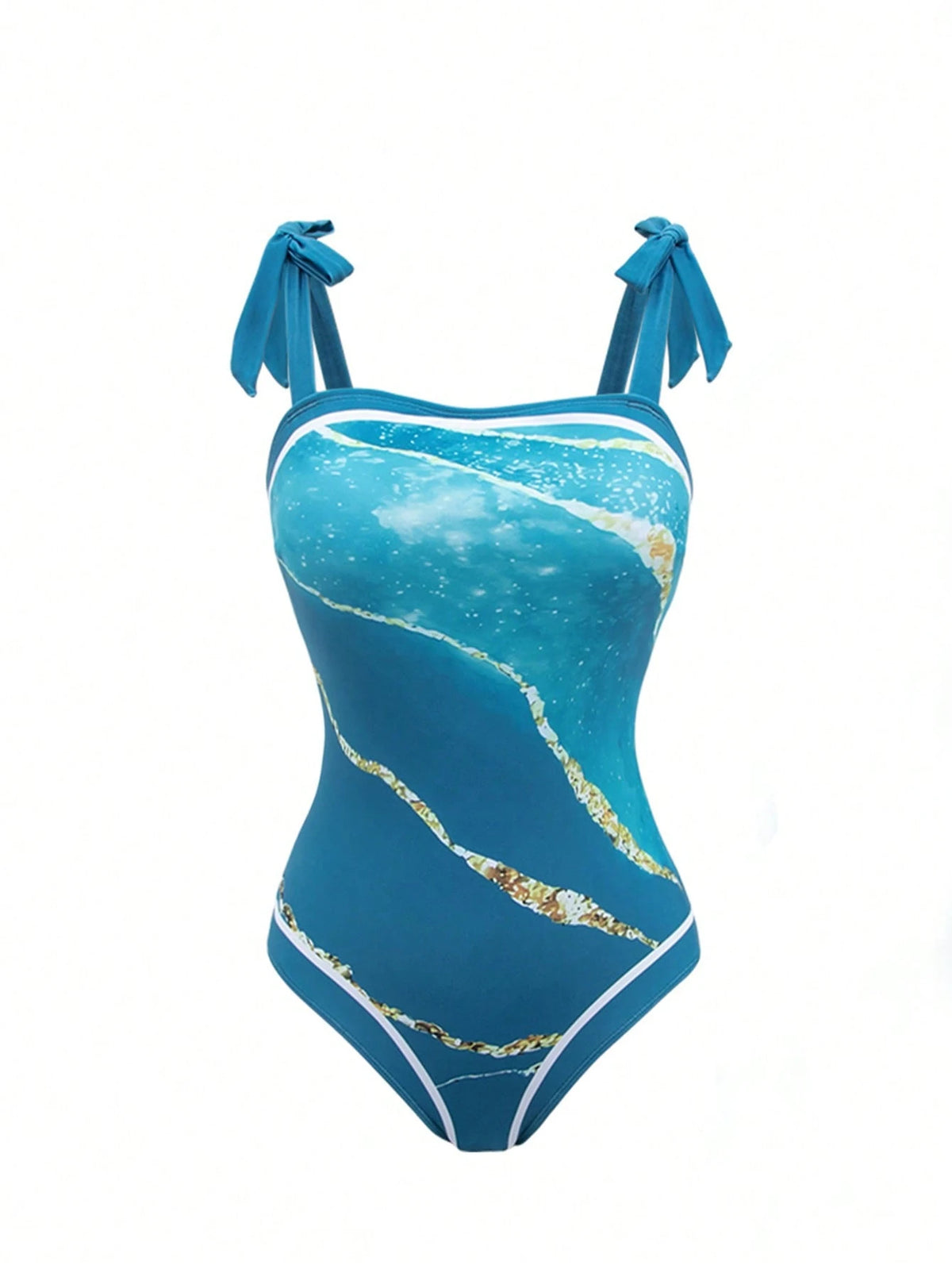 Swim Oasis Blue Textured Pattern Straps Sleeveless Swimsuit With Contrast Binding And Midi Skirt Set