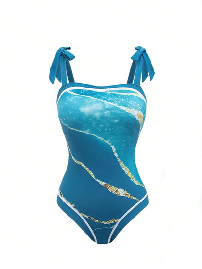 Swim Oasis Blue Textured Pattern Straps Sleeveless Swimsuit With Contrast Binding And Midi Skirt Set