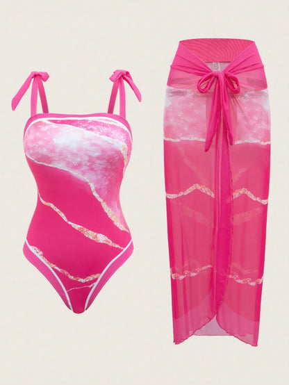 Swim Oasis Blue Textured Pattern Straps Sleeveless Swimsuit With Contrast Binding And Midi Skirt Set
