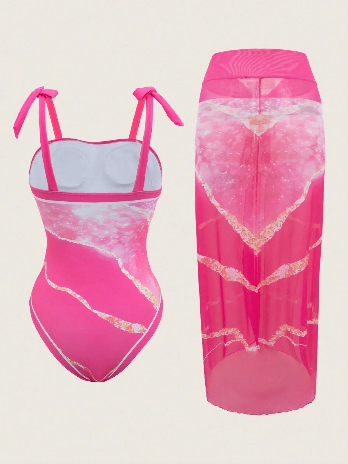 Swim Oasis Blue Textured Pattern Straps Sleeveless Swimsuit With Contrast Binding And Midi Skirt Set