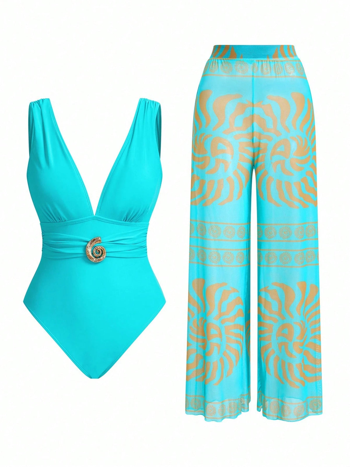 Swim Oasis Elegant Retro Spiral Print One Piece Swimsuit Coordinate With Wide Leg Pants, Chic Vacation Outfit For Women For Summer