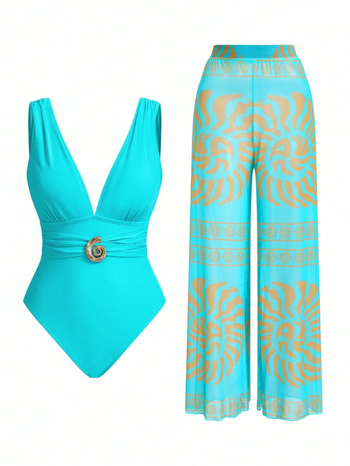 Swim Oasis Elegant Retro Spiral Print One Piece Swimsuit Coordinate With Wide Leg Pants, Chic Vacation Outfit For Women For Summer
