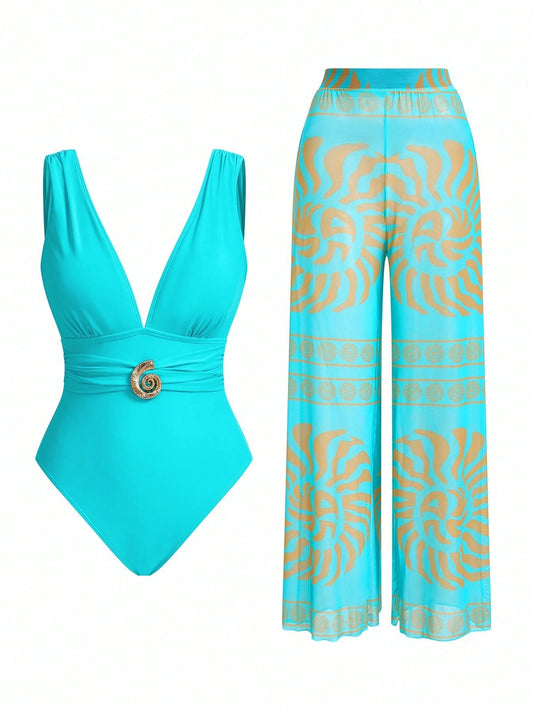 Swim Oasis Elegant Retro Spiral Print One Piece Swimsuit Coordinate With Wide Leg Pants, Chic Vacation Outfit For Women For Summer