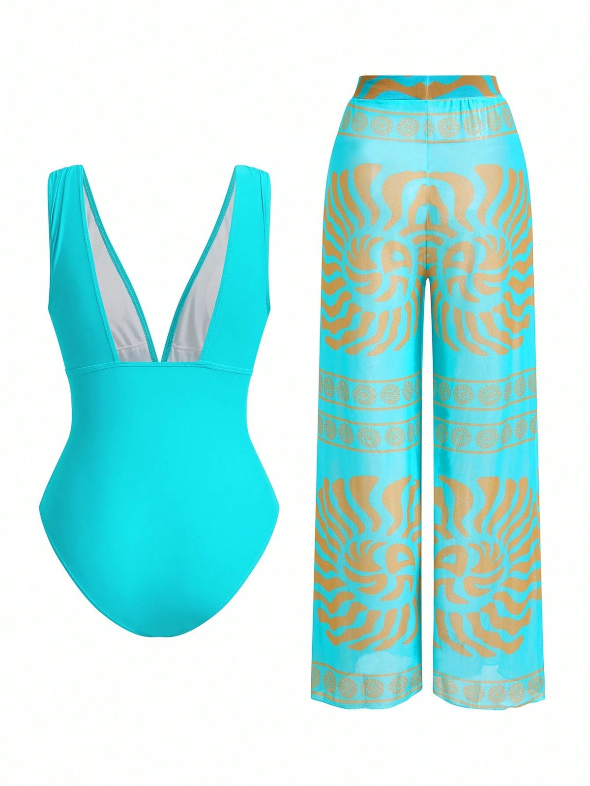 Swim Oasis Elegant Retro Spiral Print One Piece Swimsuit Coordinate With Wide Leg Pants, Chic Vacation Outfit For Women For Summer