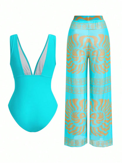 Swim Oasis Elegant Retro Spiral Print One Piece Swimsuit Coordinate With Wide Leg Pants, Chic Vacation Outfit For Women For Summer