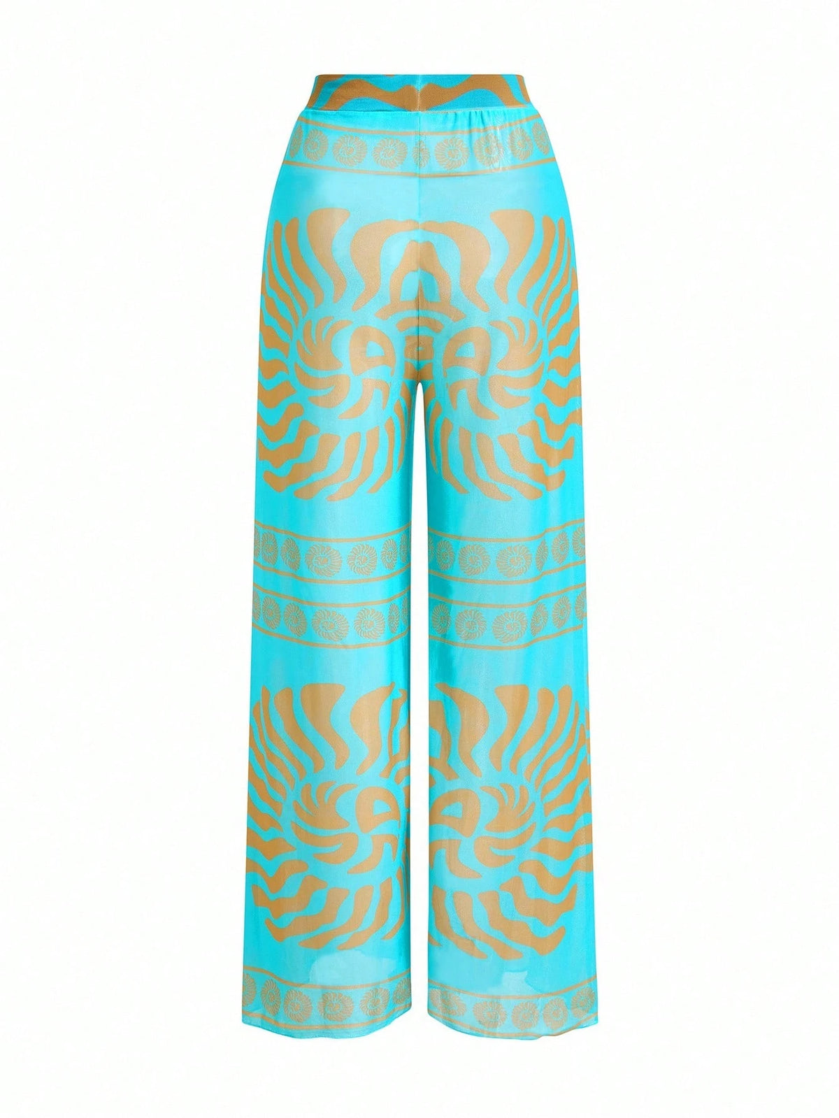 Swim Oasis Elegant Retro Spiral Print One Piece Swimsuit Coordinate With Wide Leg Pants, Chic Vacation Outfit For Women For Summer