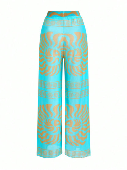Swim Oasis Elegant Retro Spiral Print One Piece Swimsuit Coordinate With Wide Leg Pants, Chic Vacation Outfit For Women For Summer