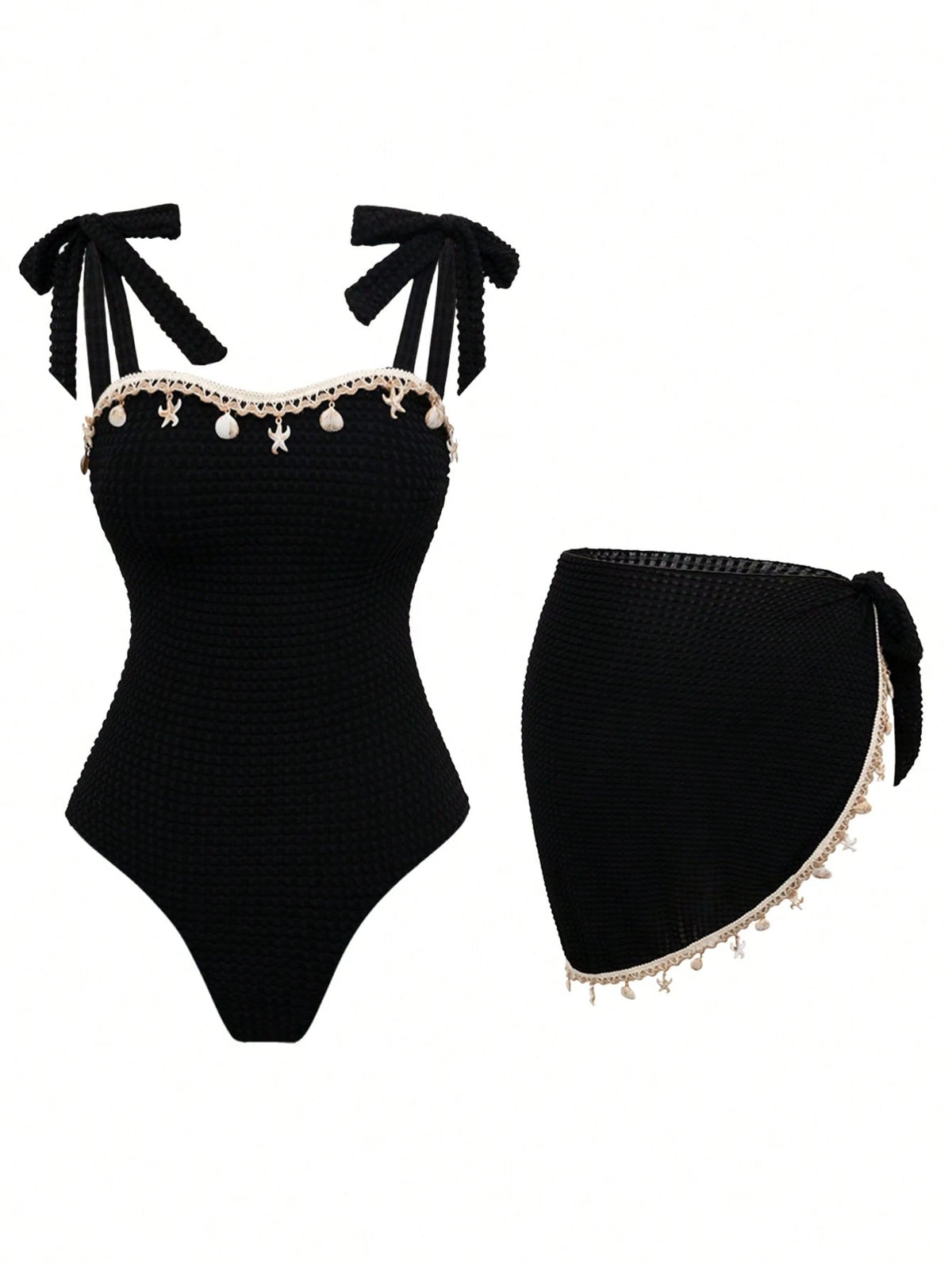 Swim Oasis New Hot-Selling One-Piece Swimsuit With Shell Metal Accessories, Bandeau Tie-Up Beach Vacation 2 Pieces Set