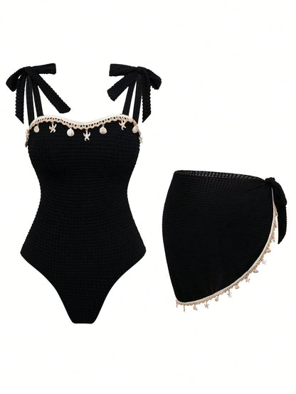 Swim Oasis New Hot-Selling One-Piece Swimsuit With Shell Metal Accessories, Bandeau Tie-Up Beach Vacation 2 Pieces Set