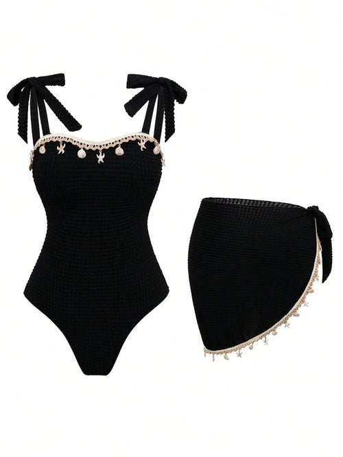 Swim Oasis New Hot-Selling One-Piece Swimsuit With Shell Metal Accessories, Bandeau Tie-Up Beach Vacation 2 Pieces Set