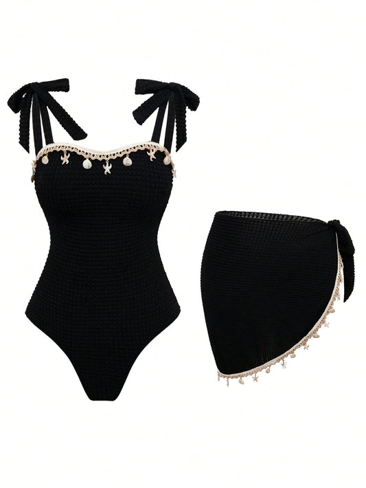 Swim Oasis New Hot-Selling One-Piece Swimsuit With Shell Metal Accessories, Bandeau Tie-Up Beach Vacation 2 Pieces Set