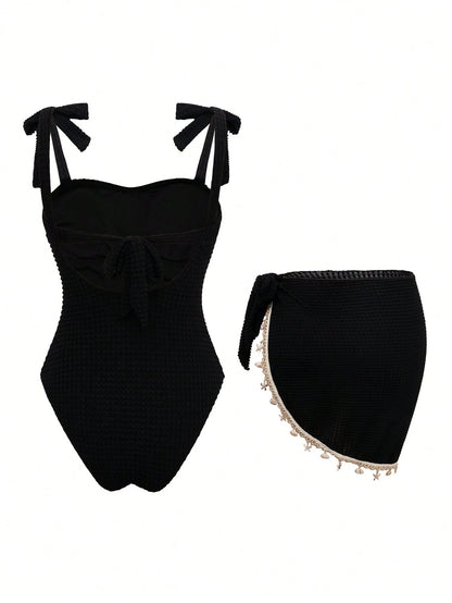 Swim Oasis New Hot-Selling One-Piece Swimsuit With Shell Metal Accessories, Bandeau Tie-Up Beach Vacation 2 Pieces Set