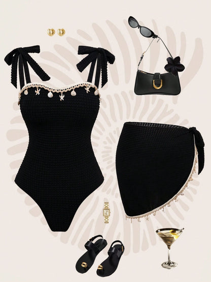 Swim Oasis New Hot-Selling One-Piece Swimsuit With Shell Metal Accessories, Bandeau Tie-Up Beach Vacation 2 Pieces Set