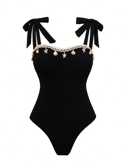 Swim Oasis New Hot-Selling One-Piece Swimsuit With Shell Metal Accessories, Bandeau Tie-Up Beach Vacation 2 Pieces Set