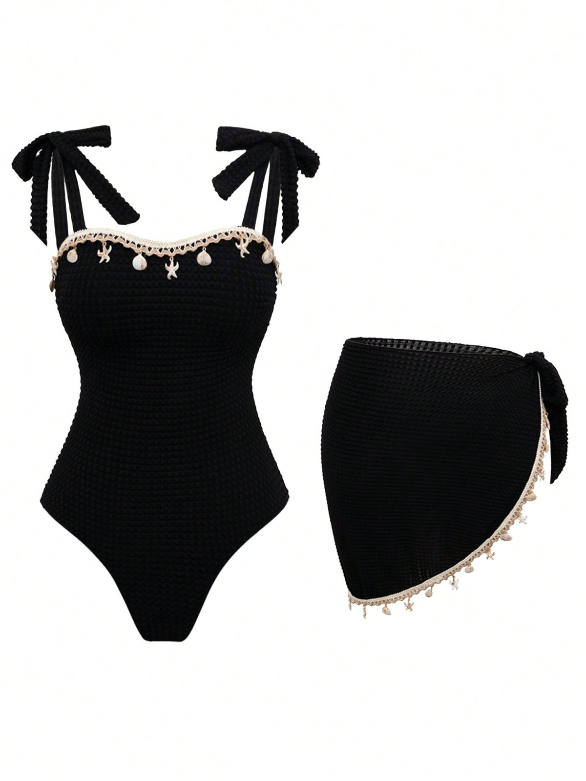 Swim Oasis New Hot-Selling One-Piece Swimsuit With Shell Metal Accessories, Bandeau Tie-Up Beach Vacation 2 Pieces Set