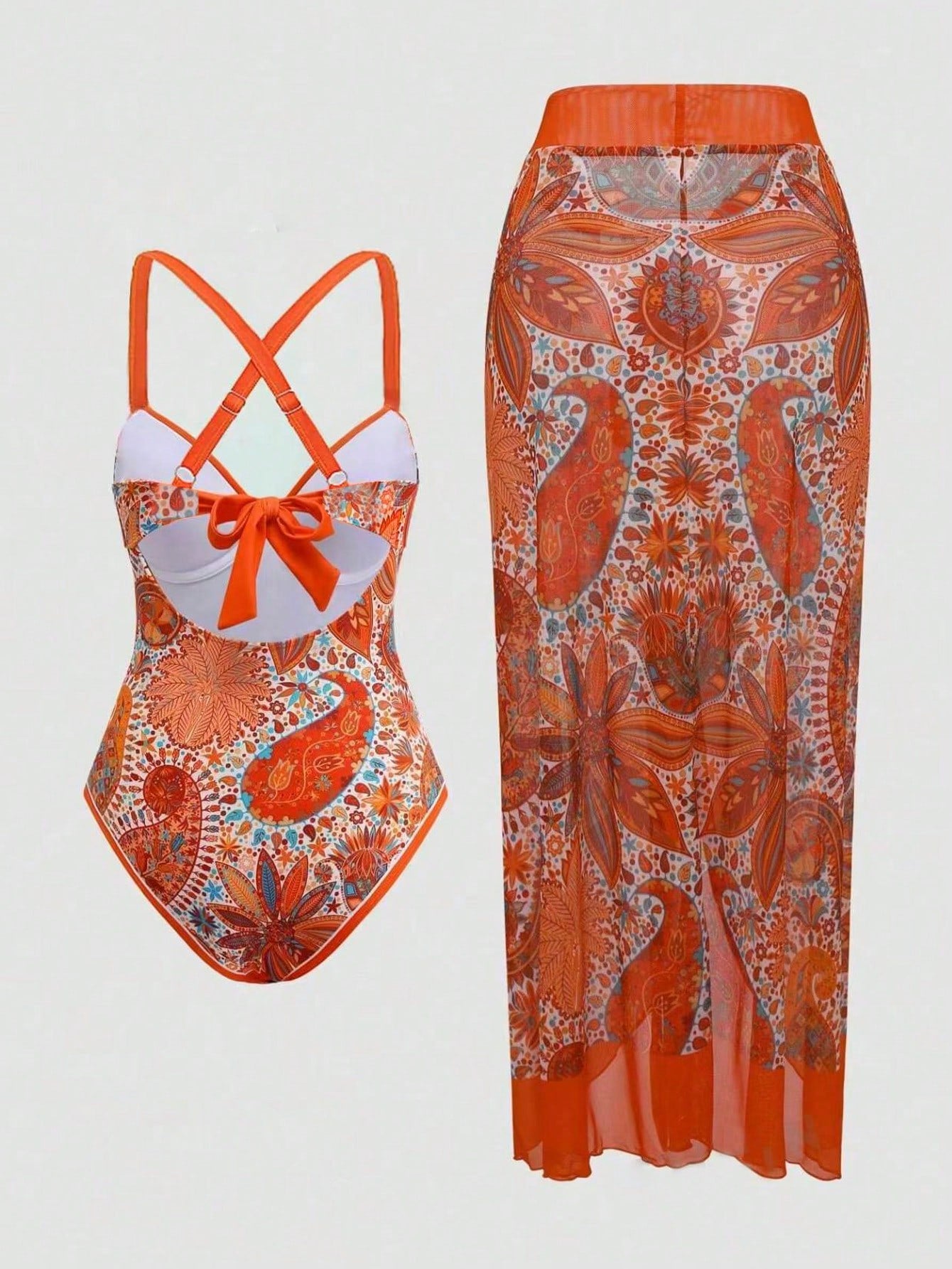 Swim Oasis Plus Size 2pcs Orange-Tone Print One Piece Swimsuit With Liftup Cup Maxi Skirt,Women's Boho Elegant White Summer Beach Party Holiday Cruise Outfits