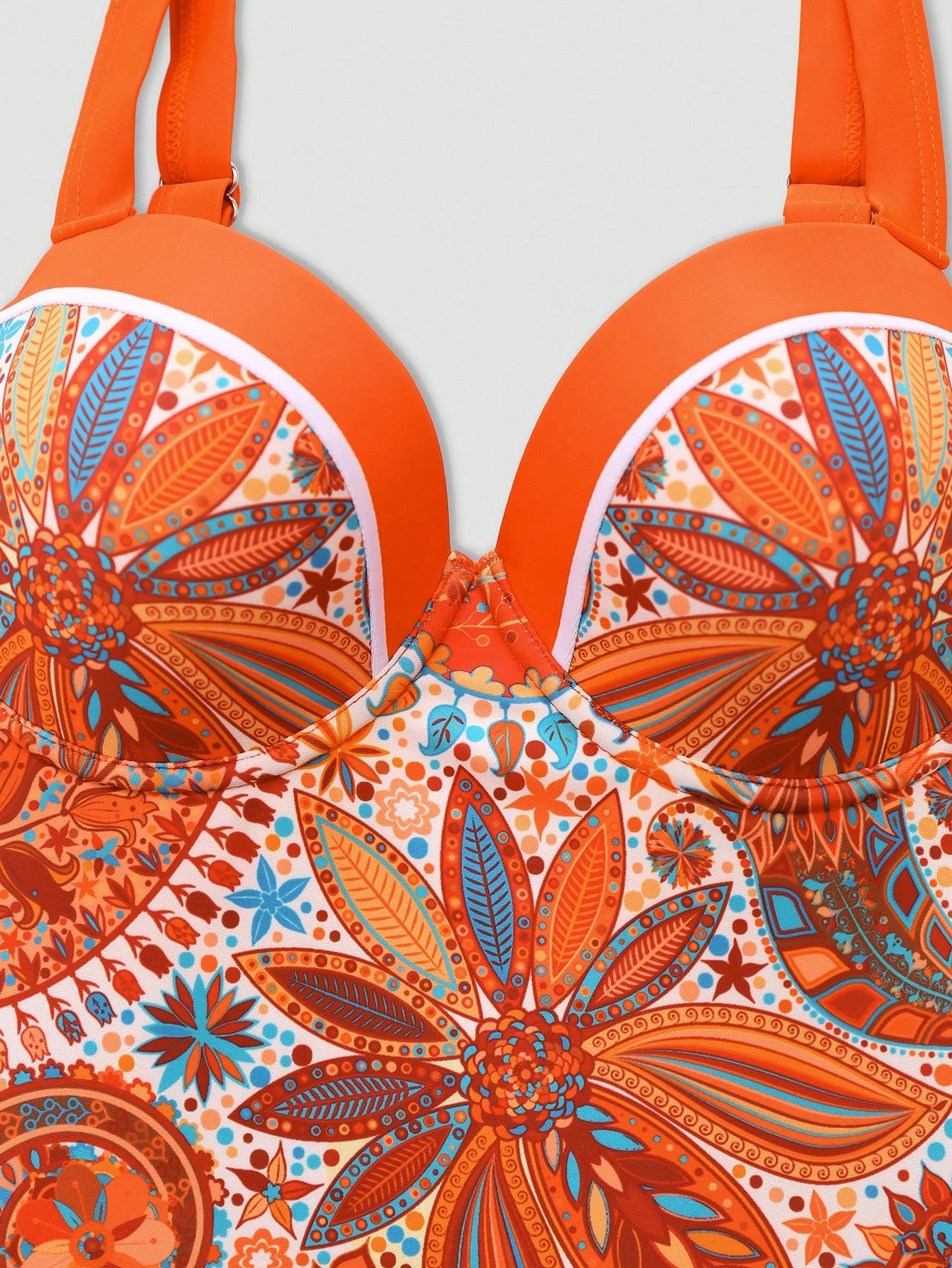 Swim Oasis Plus Size 2pcs Orange-Tone Print One Piece Swimsuit With Liftup Cup Maxi Skirt,Women's Boho Elegant White Summer Beach Party Holiday Cruise Outfits
