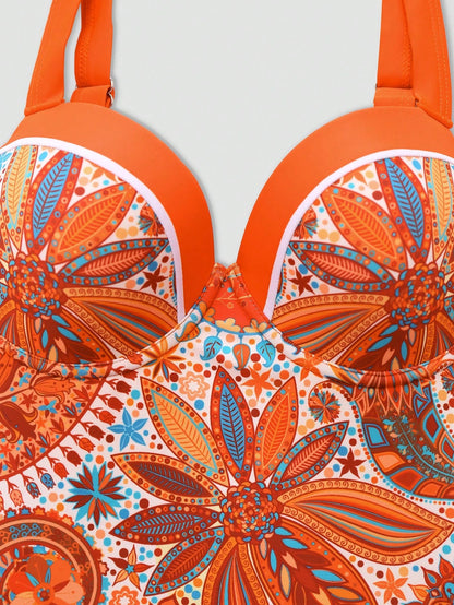Swim Oasis Plus Size 2pcs Orange-Tone Print One Piece Swimsuit With Liftup Cup Maxi Skirt,Women's Boho Elegant White Summer Beach Party Holiday Cruise Outfits