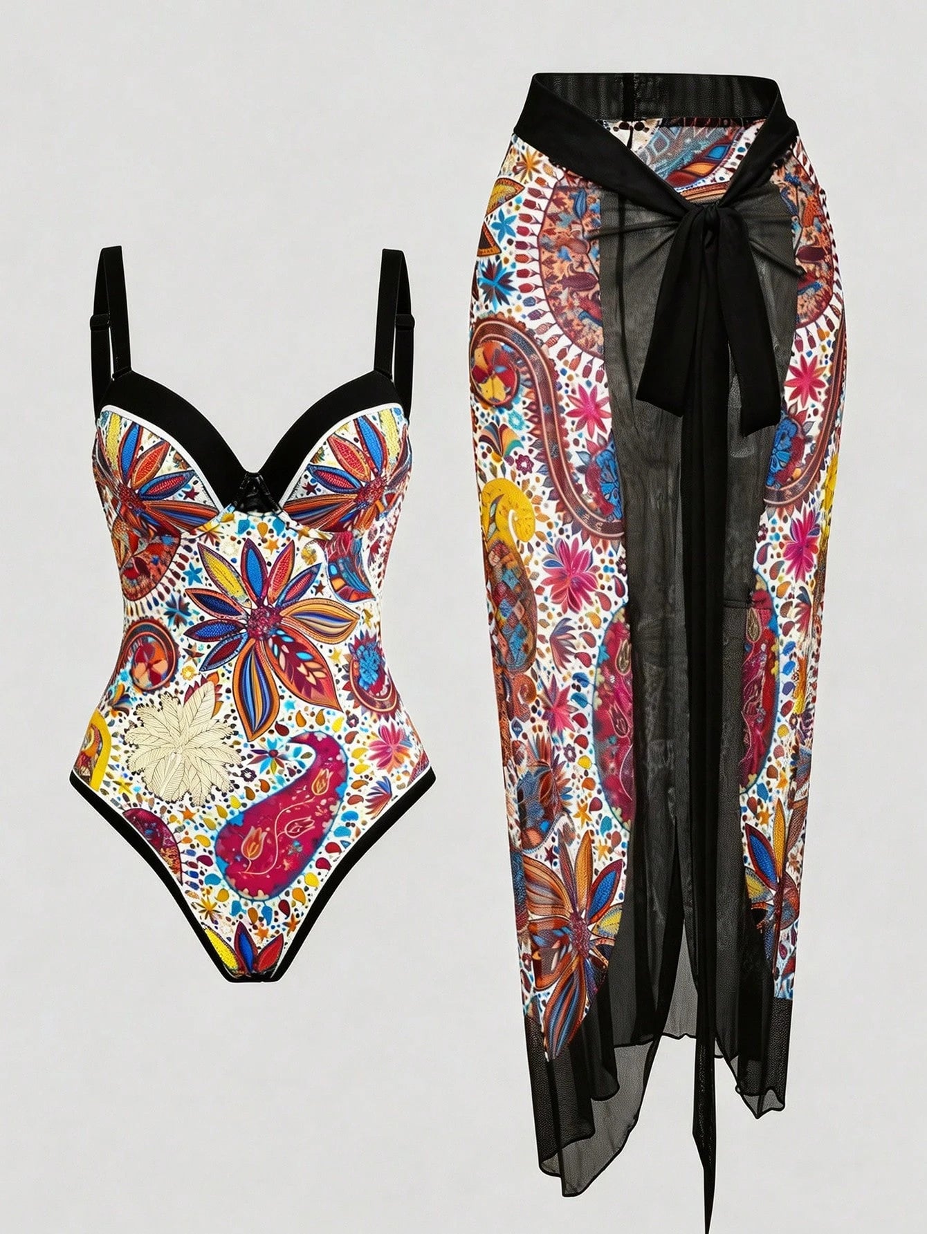 Swim Oasis Plus Size 2pcs Orange-Tone Print One Piece Swimsuit With Liftup Cup Maxi Skirt,Women's Boho Elegant White Summer Beach Party Holiday Cruise Outfits
