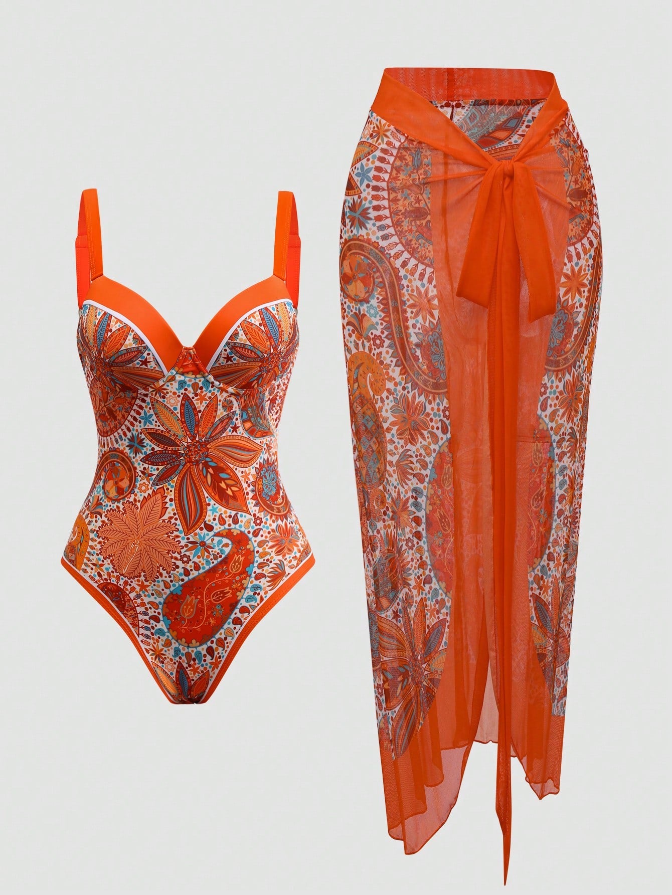 Swim Oasis Plus Size 2pcs Orange-Tone Print One Piece Swimsuit With Liftup Cup Maxi Skirt,Women's Boho Elegant White Summer Beach Party Holiday Cruise Outfits
