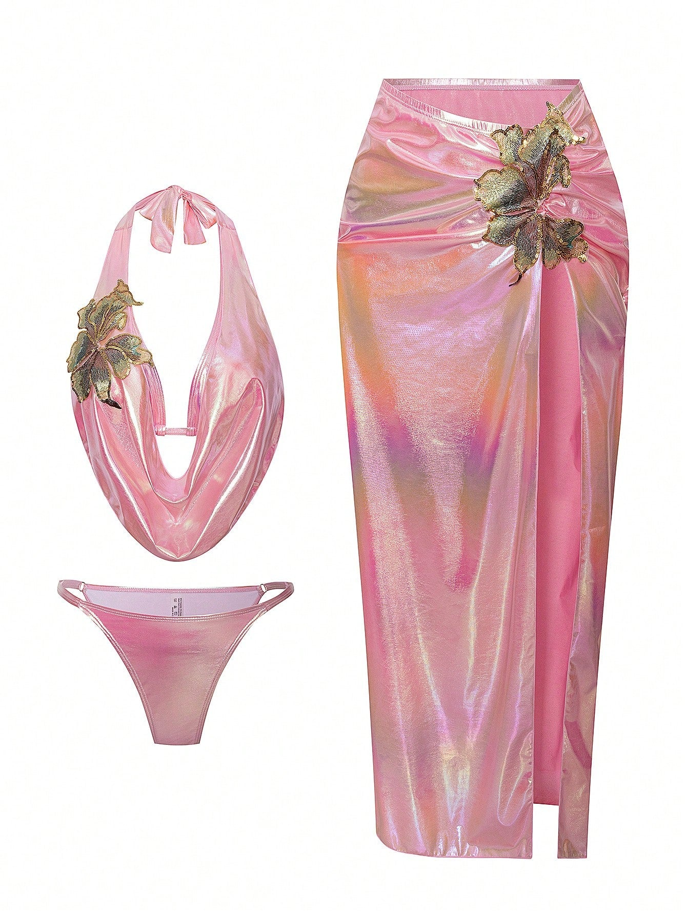 Swim Oasis Plus Size 3-Piece Set,Cerise Pink Metallic Shimmery Deep V Bikini Top & Tight Maxi Skirt,Summer Beach Rave Fashionable Resort Swimsuit Set