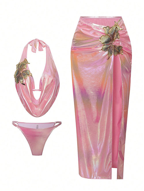 Swim Oasis Plus Size 3-Piece Set,Cerise Pink Metallic Shimmery Deep V Bikini Top & Tight Maxi Skirt,Summer Beach Rave Fashionable Resort Swimsuit Set