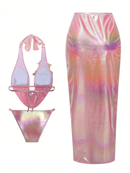 Swim Oasis Plus Size 3-Piece Set,Cerise Pink Metallic Shimmery Deep V Bikini Top & Tight Maxi Skirt,Summer Beach Rave Fashionable Resort Swimsuit Set