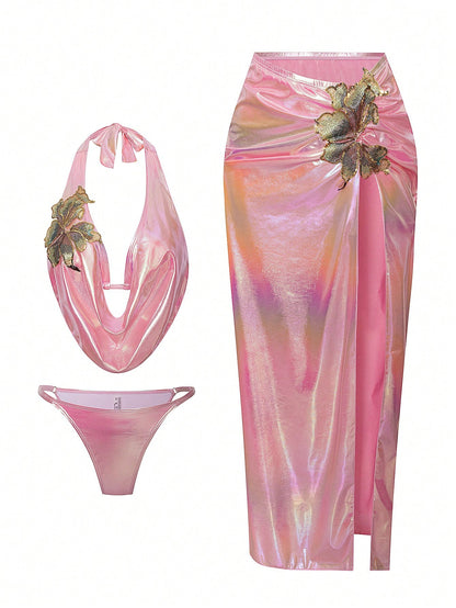 Swim Oasis Plus Size 3-Piece Set,Cerise Pink Metallic Shimmery Deep V Bikini Top & Tight Maxi Skirt,Summer Beach Rave Fashionable Resort Swimsuit Set