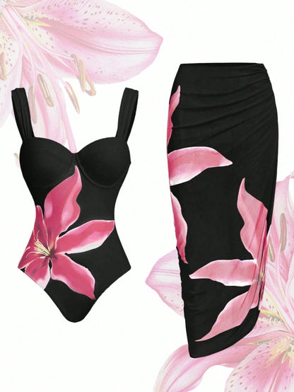 Swim Oasis Plus Size Women Floral Print Spaghetti Strap One-Piece Swimsuit With Beach Skirt, Suitable For Summer Beach Vacation