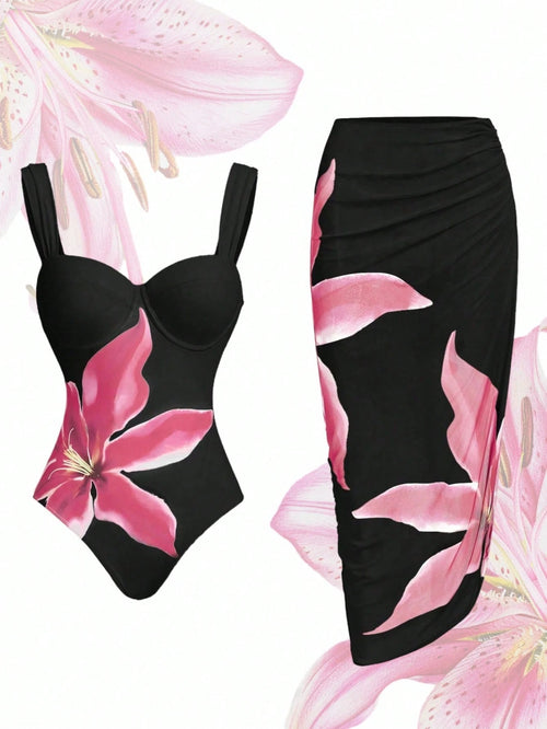 Swim Oasis Plus Size Women Floral Print Spaghetti Strap One-Piece Swimsuit With Beach Skirt, Suitable For Summer Beach Vacation