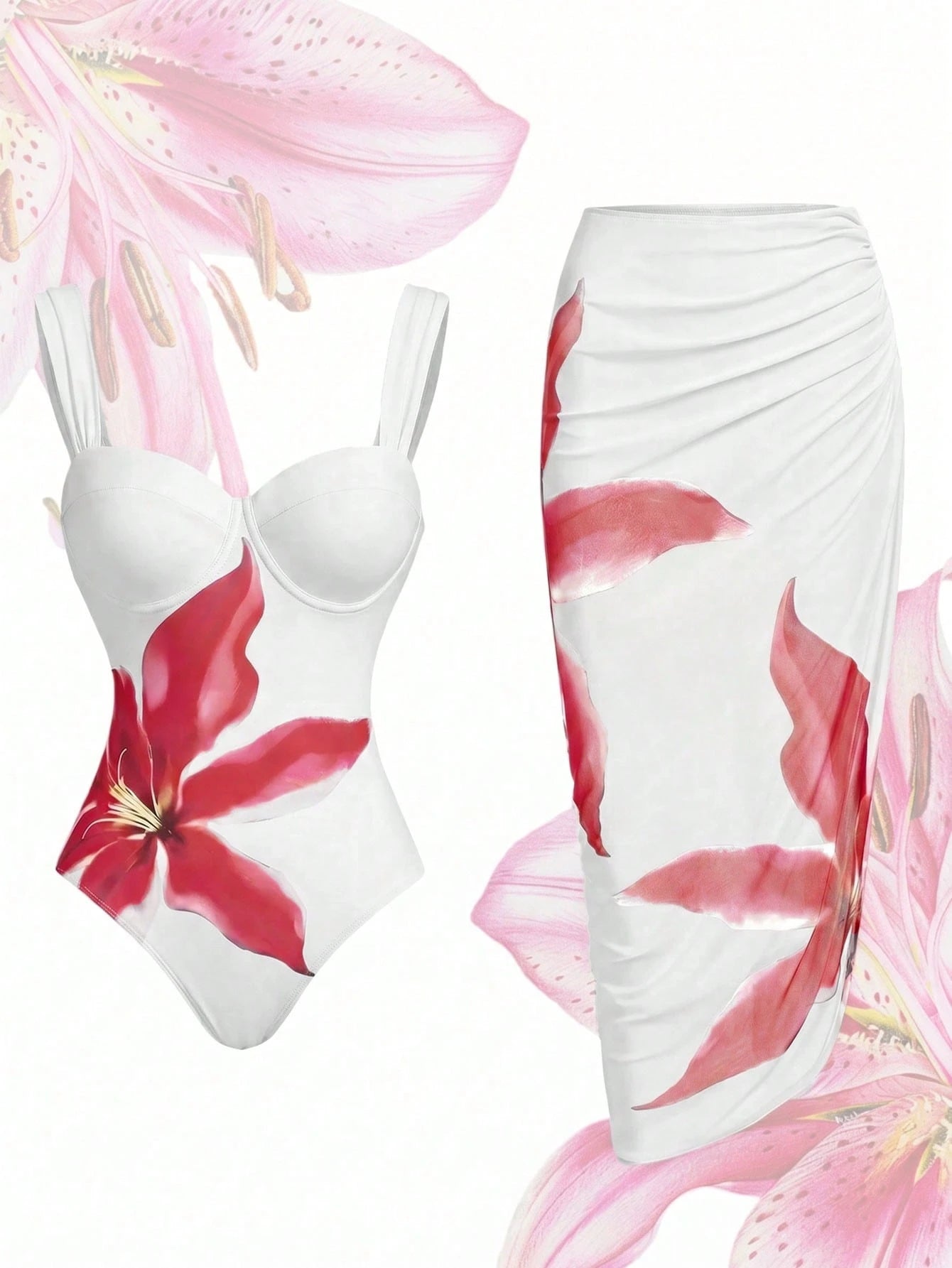 Swim Oasis Plus Size Women Floral Print Spaghetti Strap One-Piece Swimsuit With Beach Skirt, Suitable For Summer Beach Vacation