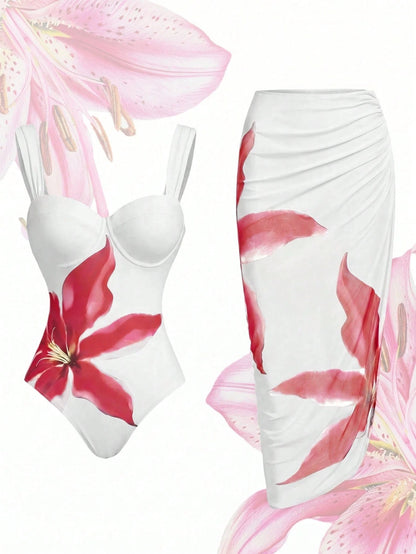 Swim Oasis Plus Size Women Floral Print Spaghetti Strap One-Piece Swimsuit With Beach Skirt, Suitable For Summer Beach Vacation