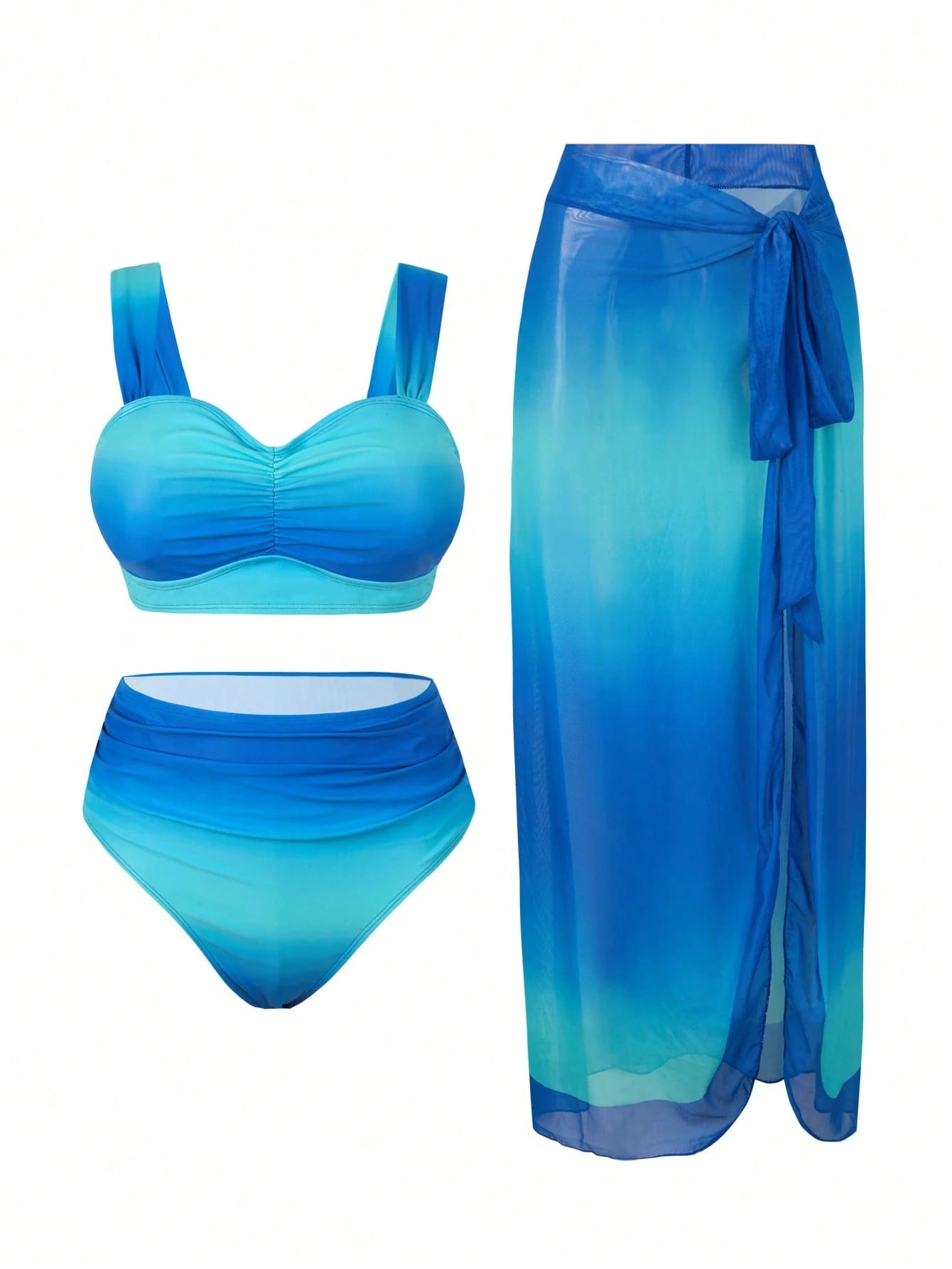 Swim Oasis Plus Size Women Ombre Casual Vacation Ruched Bikini Set With Cover-Up Skirt